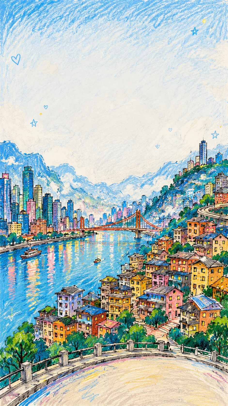 手绘重庆山城与江景